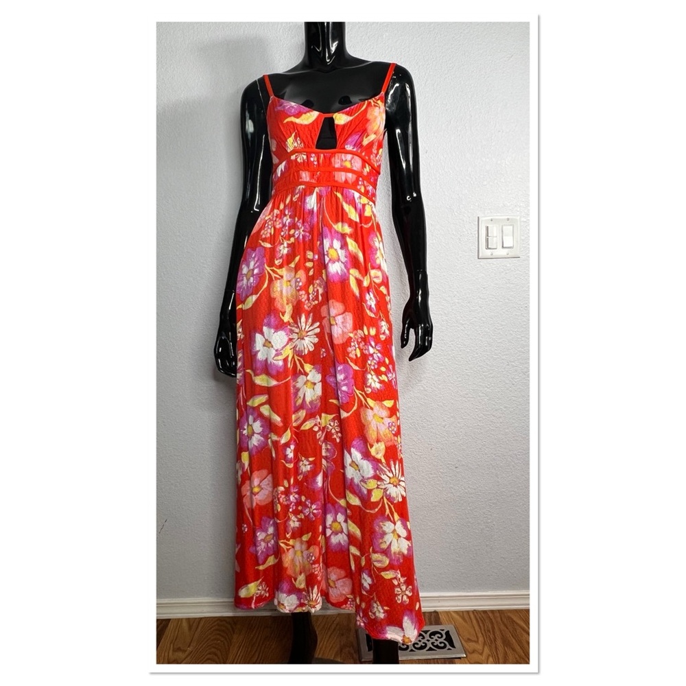 FREE PEOPLE Wisteria Maxi Dress Floral Vibrant Orange Sz M Viscous - Picture 3 of 12